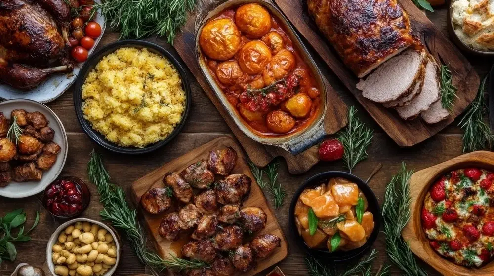A table laden with a variety of dishes, showcasing an array of colorful and diverse food items.