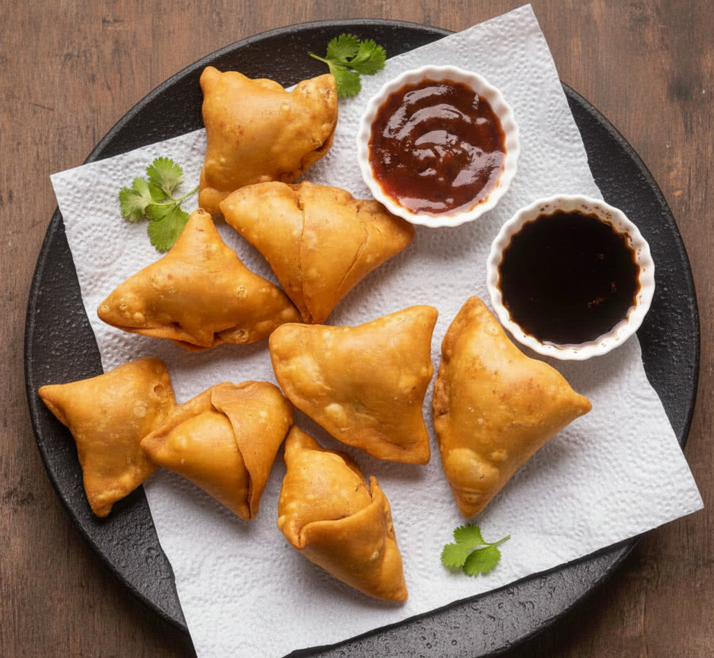 Veg Samosa- serving with mint chutney and tamarind chutney