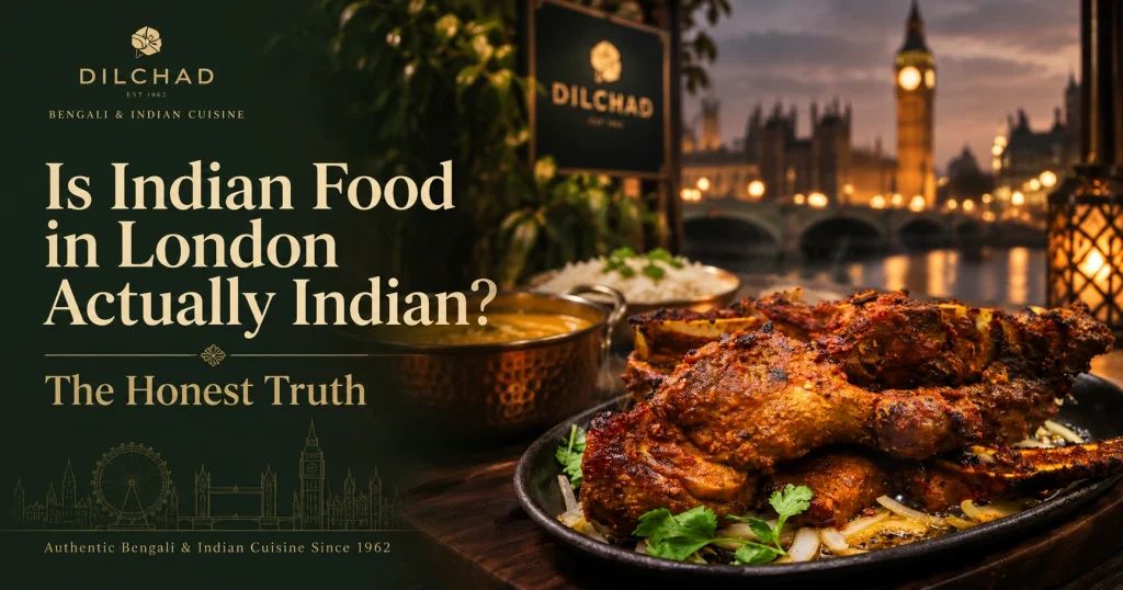 Dilchad Bengali and Indian cuisine feature image showing grilled tandoori chicken with curry and rice against a London backdrop, titled “Is Indian Food in London Actually Indian? The Honest Truth.”