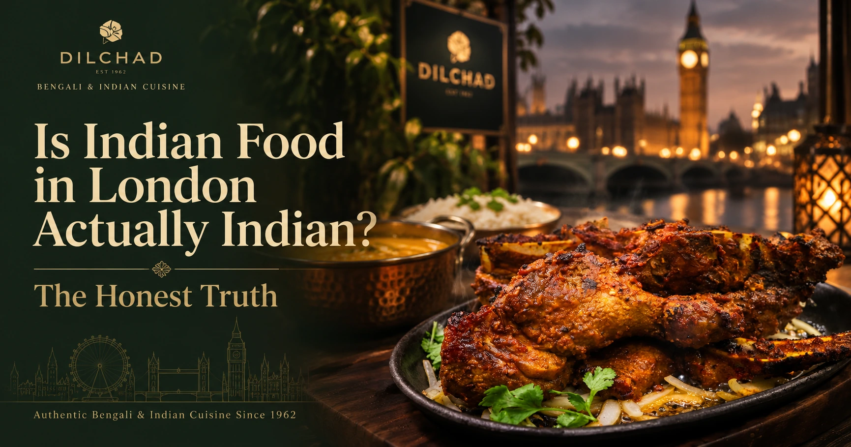 Dilchad Bengali and Indian cuisine feature image showing grilled tandoori chicken with curry and rice against a London backdrop, titled “Is Indian Food in London Actually Indian? The Honest Truth.”