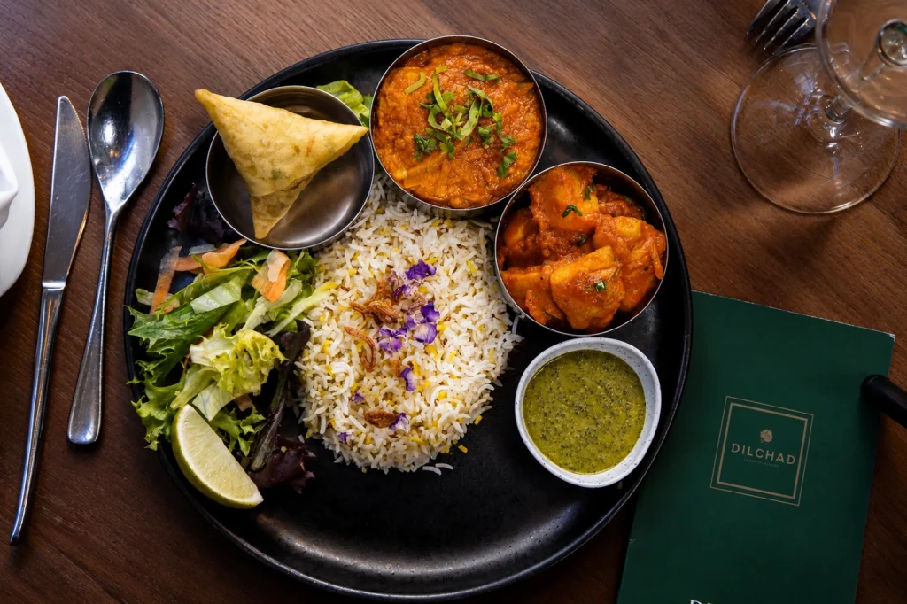 Dilchad lunch thali Hot tier with Madras curry near Liverpool Street